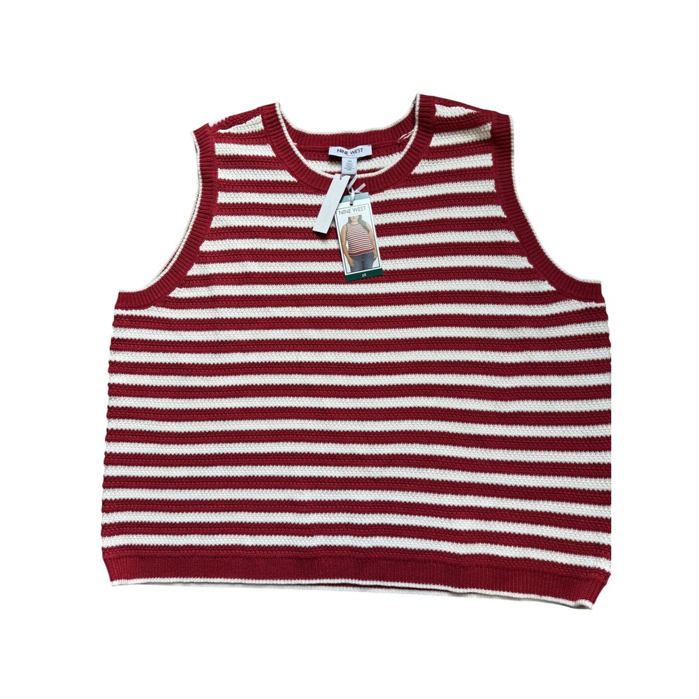 Nine West Jeans Women 3X Red White Striped Sleeveless Sweater Vest Knit Top NWT